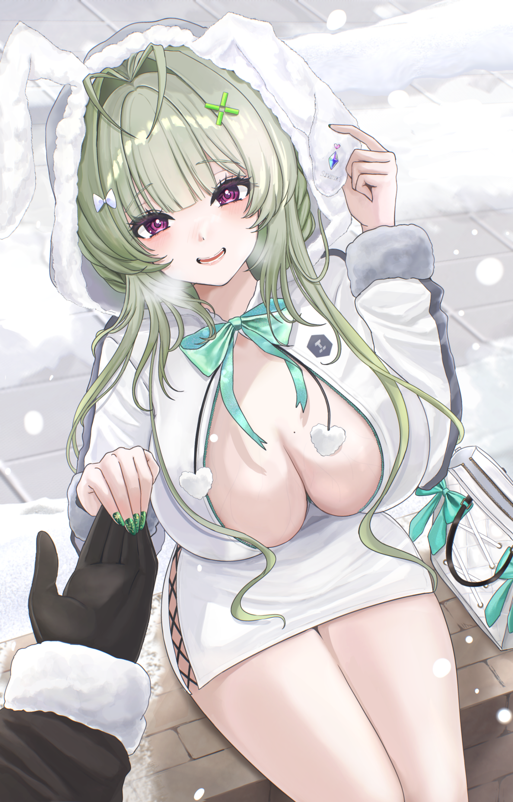 sunameri (pixiv3564245), soda (nikke), goddess of victory: nikke, absurdres, highres, 1boy, 1girl, :d, animal ears, antenna hair, aqua bow, aqua bowtie, black gloves, blush, bow, bowtie, breasts, cleavage, day, fake animal ears, fur-trimmed sleeves, fur trim, gloves, green hair, hair bow, hetero, holding hands, hood, hood up, hooded jacket, jacket, large breasts, long hair, long sleeves, looking at viewer, miniskirt, mole, mole on breast, no bra, open clothes, open jacket, open mouth, outdoors, pov, purple eyes, rabbit ears, sitting, skirt, smile, snow, snowing, solo focus, white bow, white jacket, white skirt, winter