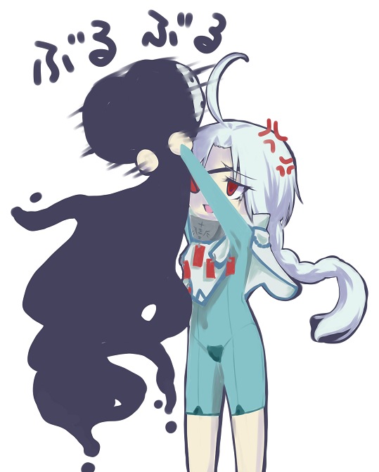 mono (sa), arakune, nu-13, arc system works, blazblue, blazblue: calamity trigger, silver hair, bad id, bad pixiv id, 1girl, ahoge, angry, asphyxiation, braid, cape, eyepatch, mask, red eyes, single braid, strangling