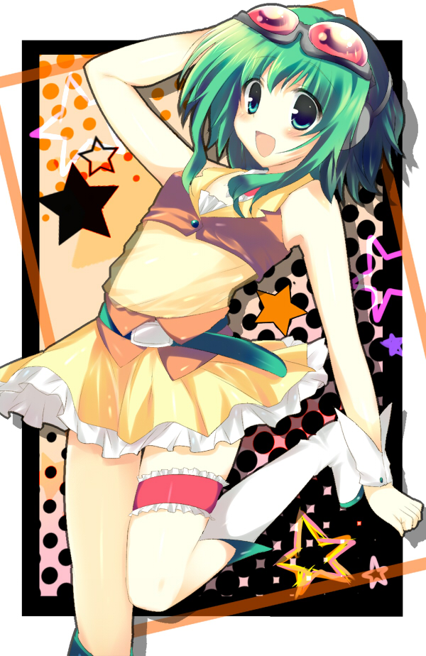 kinoko (hkn), gumi, vocaloid, bad id, bad pixiv id, 1girl, bare shoulders, female focus, goggles, goggles on head, green eyes, green hair, matching hair/eyes, red-tinted eyewear, solo, tinted eyewear