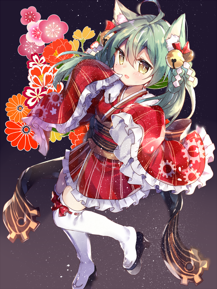 tatara maguro, akashi (akashi's in the red nya!) (azur lane), akashi (azur lane), azur lane, commentary request, 1girl, animal ear fluff, animal ears, bell, black sandals, brown sash, cat ears, cat girl, flower, frilled kimono, frills, gear print, green hair, hair bell, hair between eyes, hair ornament, japanese clothes, jingle bell, kimono, kneehighs, long hair, mole, mole under eye, obi, official alternate costume, okobo, pink flower, platform sandals, red flower, red kimono, red ribbon, ribbon, ribbon-trimmed socks, ribbon trim, sandals, sash, short kimono, sleeves past fingers, sleeves past wrists, socks, solo, white socks, wide sleeves, yellow eyes, yellow flower