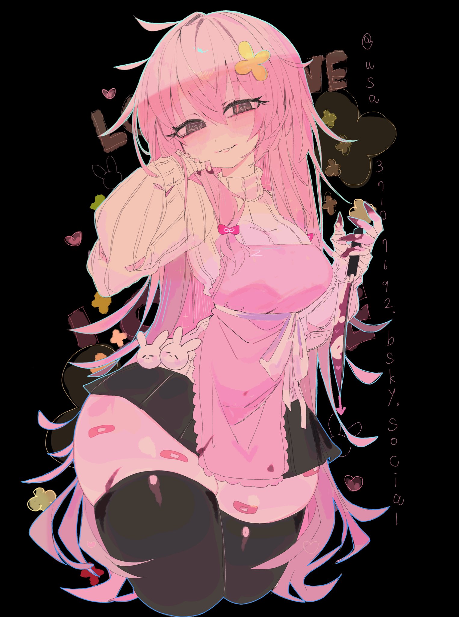 usa37107692, original, commentary, commission, english commentary, highres, 1girl, @ @, apron, bandaid, bandaid on leg, black background, black skirt, black thighhighs, blood, bloody knife, breasts, choppy bangs, cropped legs, hair between eyes, hair ornament, hands up, holding, holding knife, knife, large breasts, long hair, long sleeves, looking at viewer, miniskirt, parted lips, pink apron, pink hair, pink sweater, purple eyes, skirt, smile, solo, sweater, thick thighs, thighhighs, thighs, very long hair