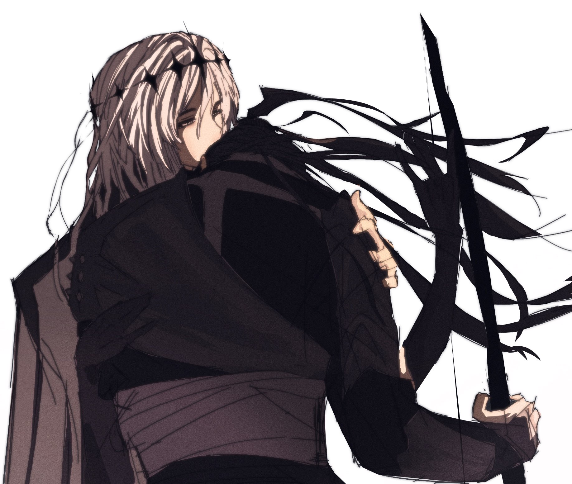 nephis (shadow slave), sunny (shadow slave), shadow slave, highres, 1boy, 1girl, bandaged torso, black hair, black tunic, bow (weapon), crown, floating hair, grey eyes, hand on another's shoulder, head on another's shoulder, holding, holding bow (weapon), holding weapon, hug, long hair, mop24, ponytail, tunic, weapon, white hair