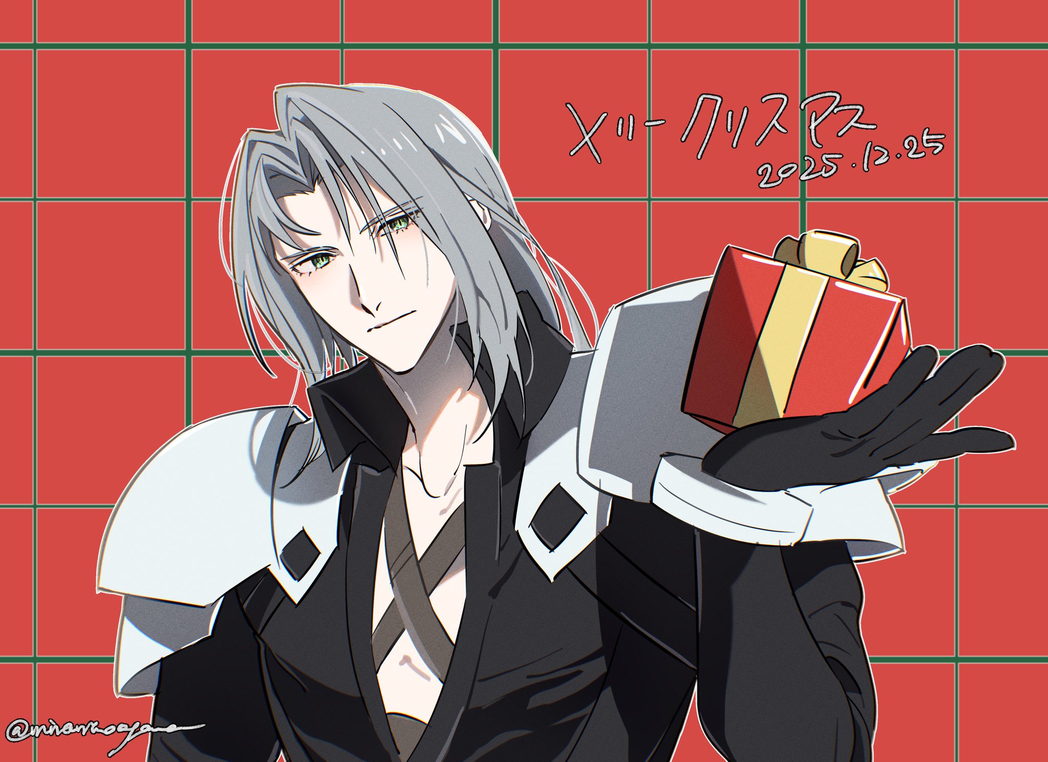 sephiroth, final fantasy, final fantasy vii, commentary request, highres, translation request, 1boy, armor, black coat, black gloves, box, checkered background, chest strap, christmas, christmas present, closed mouth, coat, collarbone, dated, gift, gift box, gloves, grey hair, holding, holding gift, looking at viewer, male focus, minaminooyama, parted bangs, red background, shoulder armor, solo, twitter username, upper body