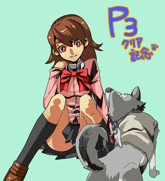 koromaru (persona), takeba yukari, atlus, persona, persona 3, animal, bow, brown eyes, brown hair, dog, panties, school uniform, smile, underwear