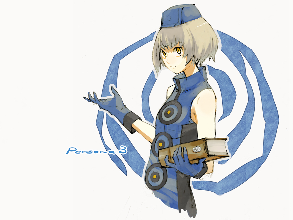 ponkan 8, elizabeth (persona), atlus, persona, persona 3, silver hair, bad id, bad pixiv id, bare shoulders, book, dress, garrison cap, gloves, hat, short hair, sleeveless, smile, yellow eyes