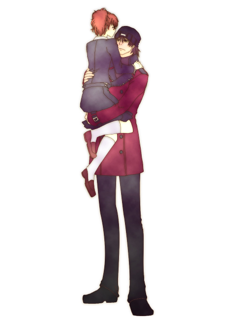 shara0136, aragaki shinjirou, shiomi kotone, atlus, persona, persona 3, persona 3 portable, 1boy, 1girl, beanie, blush, brown hair, carrying, coat, couple, hat, hetero, school uniform, short hair, skirt, trench coat