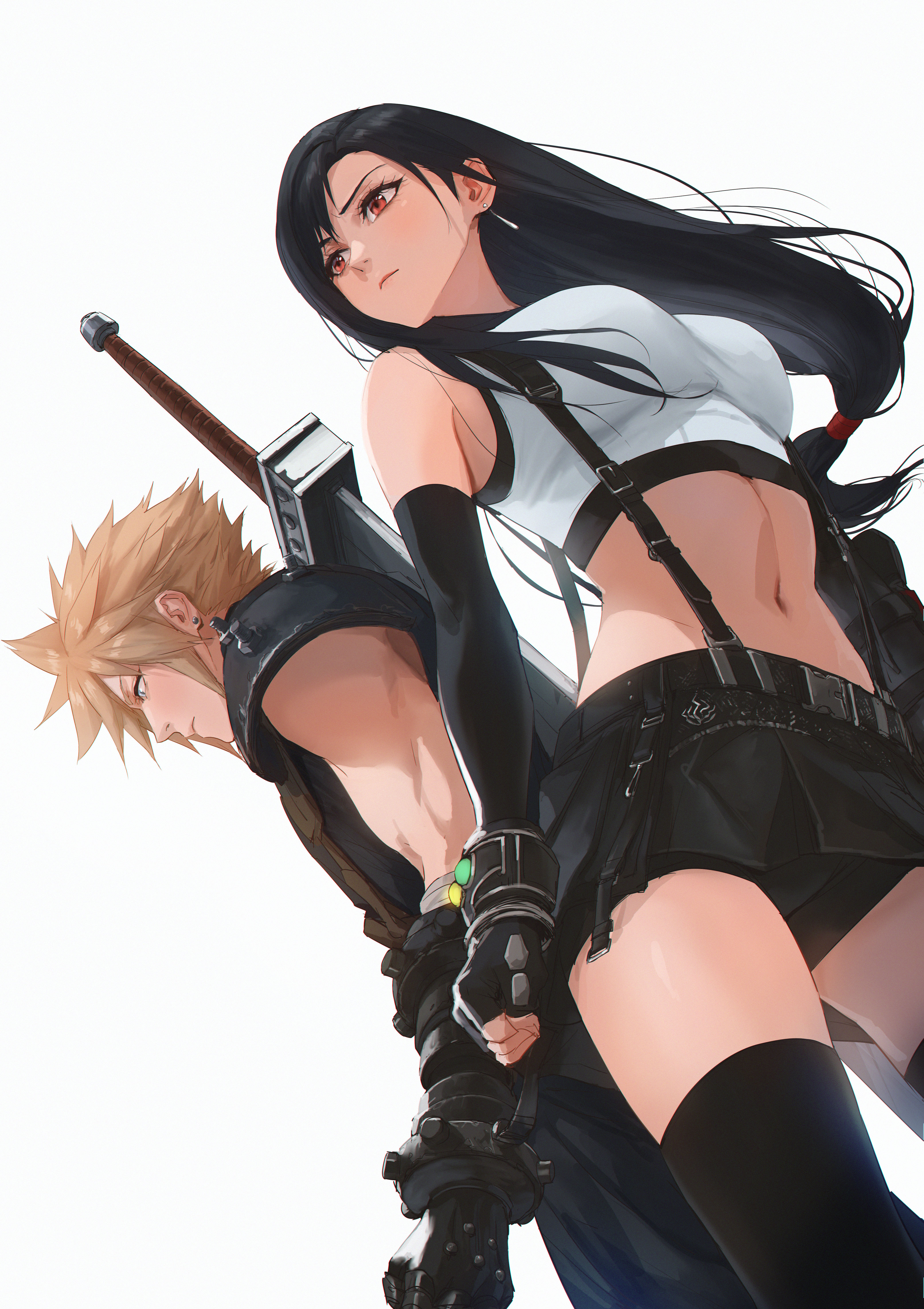 spykeee, cloud strife, tifa lockhart, final fantasy, final fantasy vii, final fantasy vii remake, absurdres, highres, 1boy, 1girl, armor, black hair, black skirt, black thighhighs, blonde hair, blue eyes, breasts, buster sword, closed mouth, crop top, earrings, elbow gloves, fingerless gloves, floating earrings, gloves, jewelry, large breasts, long hair, low-tied long hair, materia, midriff, navel, red eyes, short hair, shoulder armor, side-by-side, single shoulder pad, skirt, sleeveless, sleeveless turtleneck, spiked hair, suspender skirt, suspenders, sword, sword on back, tank top, thighhighs, turtleneck, twitter username, weapon, weapon on back, white background, white tank top