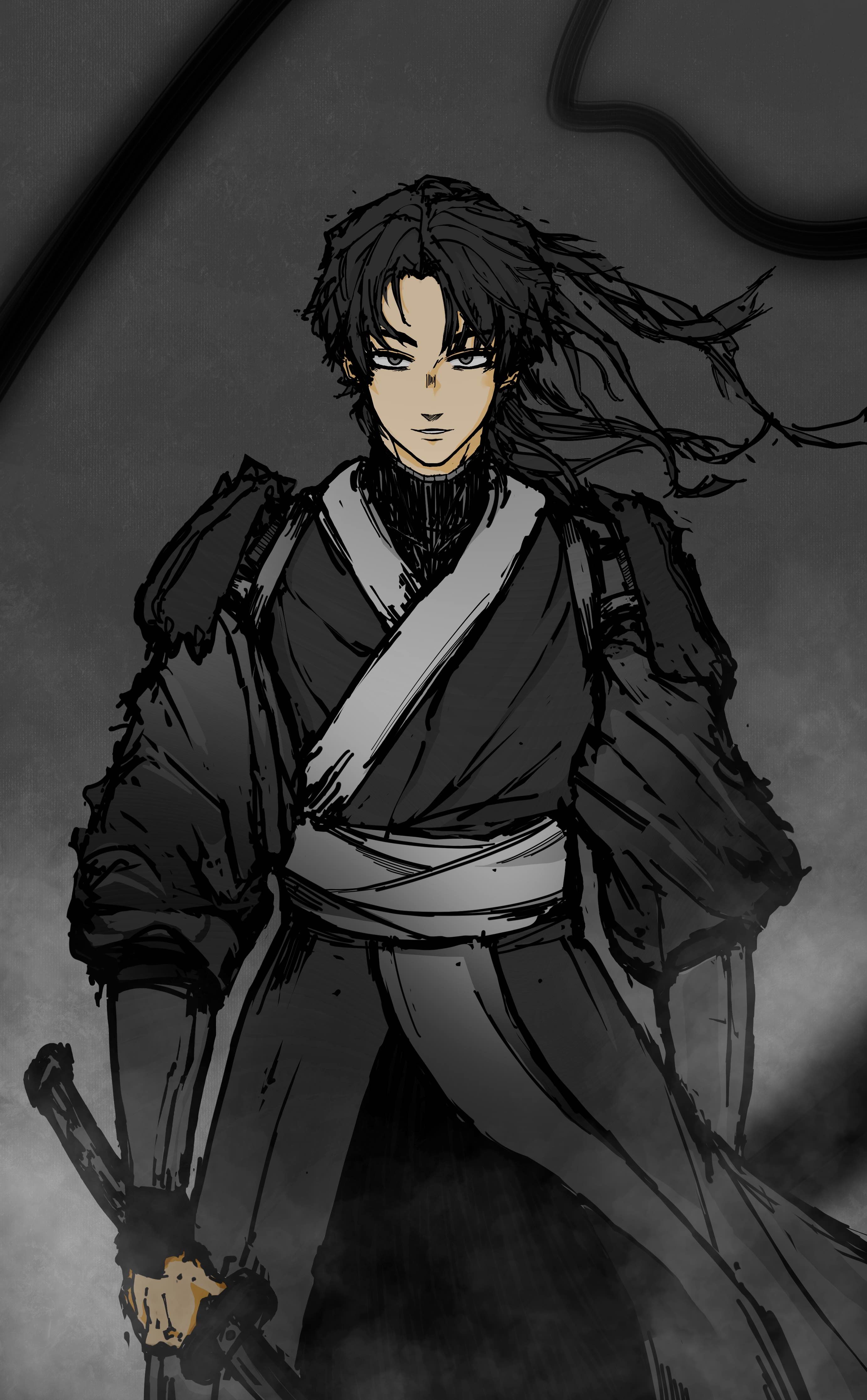 sunny (shadow slave), shadow slave, absurdres, highres, 1boy, baggy clothes, black hair, black robe, black tunic, cowboy shot, holding, holding sword, holding weapon, long hair, looking at viewer, male focus, mop24, ponytail, robe, serious, shoulder pads, solo, sword, tunic, weapon, wind, wind lift