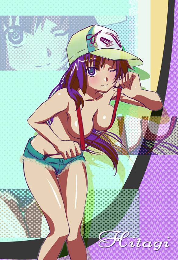 sugise satoshi, senjougahara hitagi, bakemonogatari, monogatari (series), screencap, 00s, 1girl, artistic error, baseball cap, breasts, denim, denim shorts, female focus, hat, large breasts, naked suspenders, one eye closed, revealing clothes, shorts, solo, suspenders, topless female, wink, zoom layer