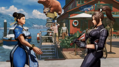 chun-li, shiranui mai, capcom, fatal fury, fatal fury: city of the wolves, street fighter, animated, animated gif, breast press, breasts, clash of breasts (meme), large breasts, slow motion, symmetrical docking