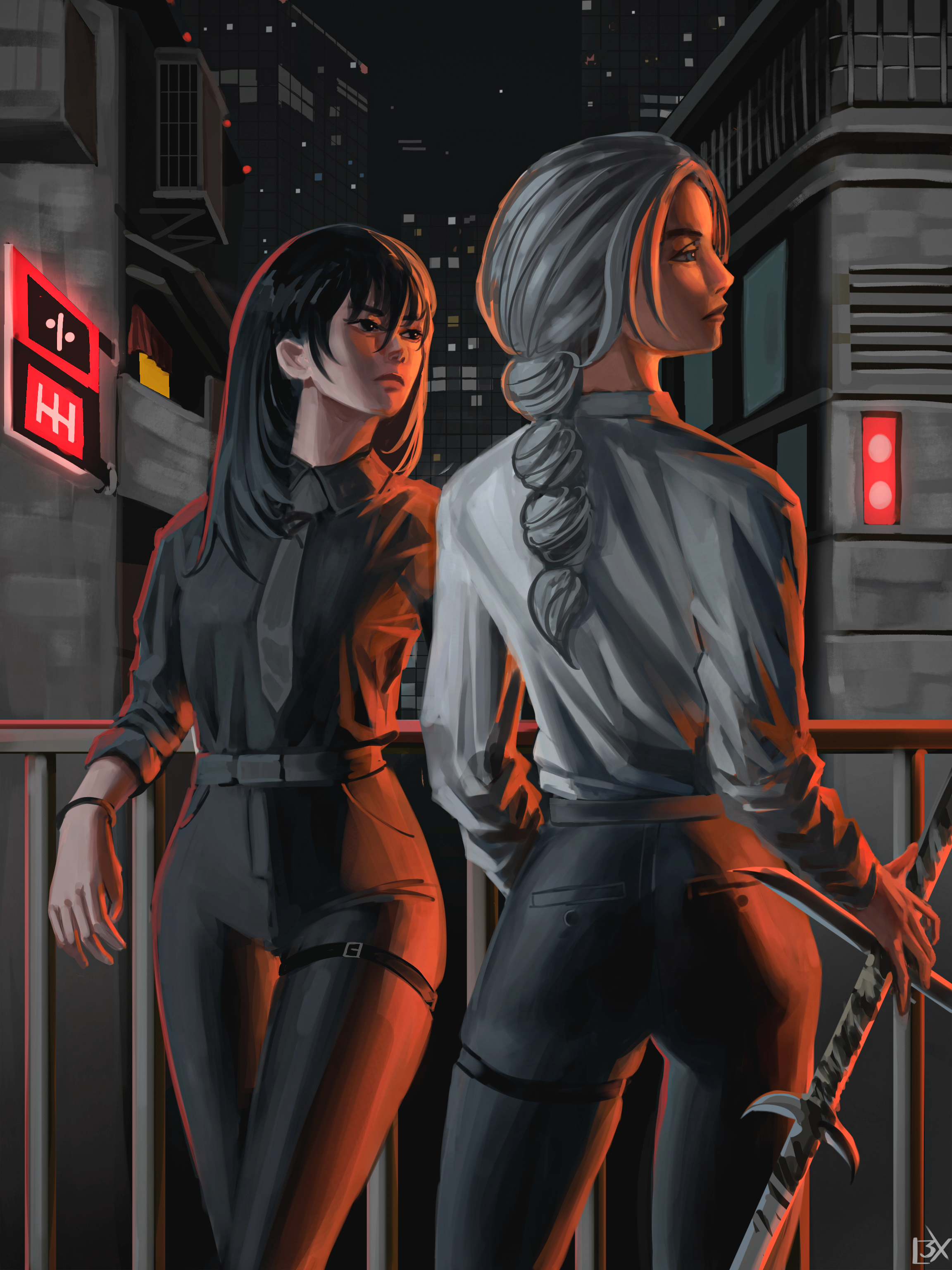 rain (shadow slave), shadow slave, absurdres, highres, 2girls, against railing, belt, black hair, black necktie, black shirt, braid, cityscape, feet out of frame, holding, holding sword, holding weapon, l3xarts 17, leaning back, long hair, looking to the side, multiple girls, necktie, railing, shirt, shirt tucked in, sidelighting, straight hair, sword, tamar (shadow slave), thigh belt, thigh strap, weapon, white hair, white shirt