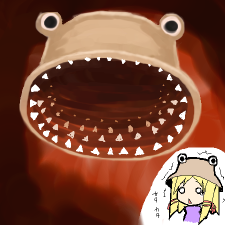 moriya suwako, pyonta, touhou, lowres, 1girl, blonde hair, fangs, female focus, gradient background, hat, o o, oekaki, scared, solo, upper body, what