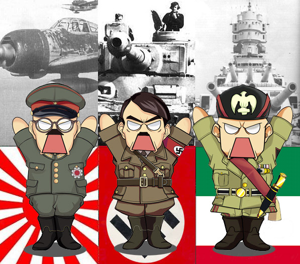 a6m zero, adolf hitler, benito mussolini, tojo hideki, toujou hideki, vittorio veneto, azumanga daiou, real life, eyebrows, uniform, vehicle, 3boys, aircraft, airplane, animification, arms up, battleship, bonklers, chibi, flag, full body, germany, gun, hat, italy, japan, machine gun, male focus, mg 34, military, military vehicle, motor vehicle, multiple boys, open mouth, parody, propeller fighter, ship, style parody, swastika, sword, tank, tiger i, warship, watercraft, weapon, wehrmacht, world war ii