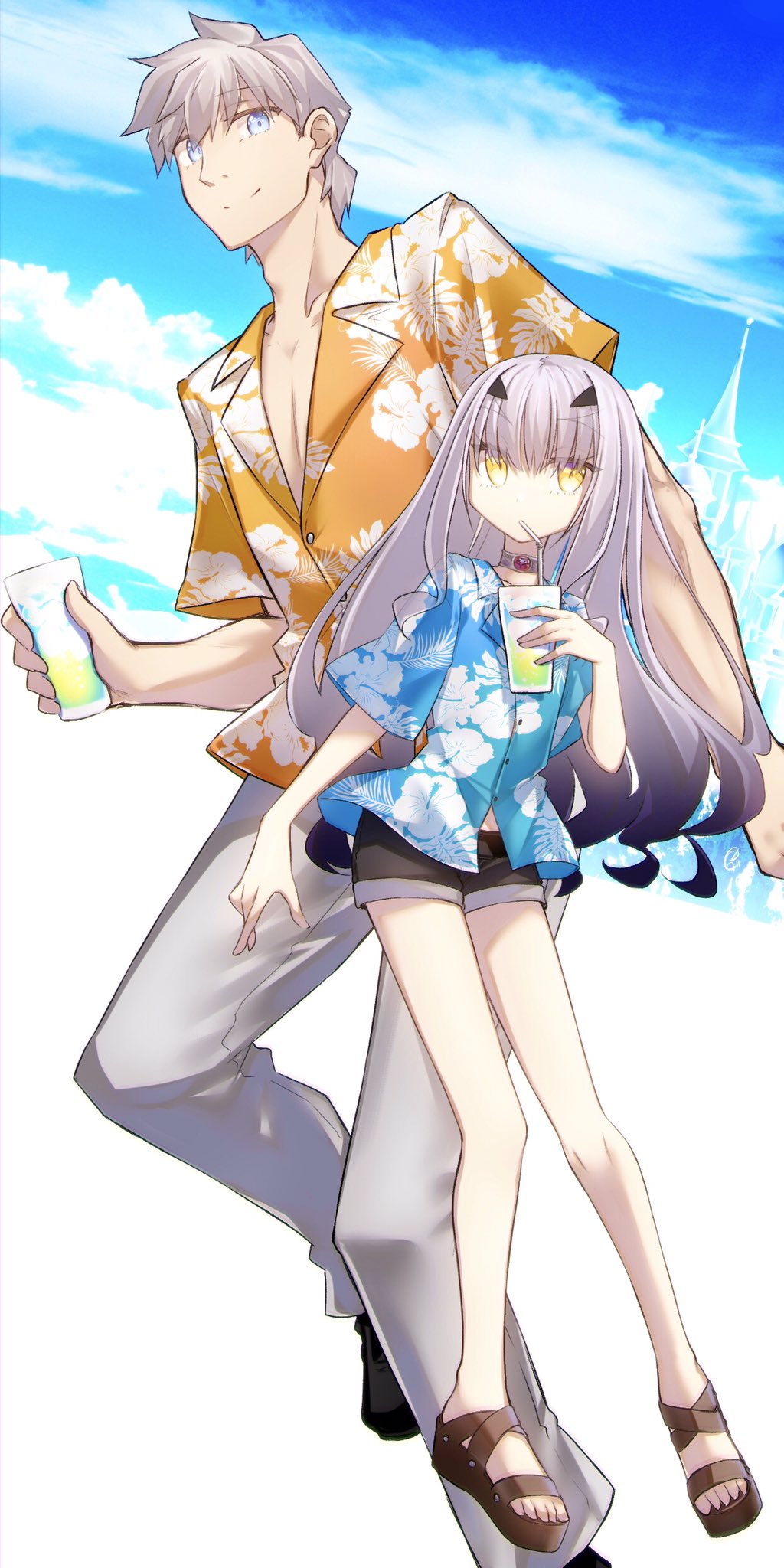 yubeshi (zecxl), melusine (fate), percival (fate), fate/grand order, fate (series), highres, 1boy, 1girl, black shorts, blue shirt, blue sky, breasts, choker, cup, floral print, forked eyebrows, full body, gradient hair, grey hair, hawaiian shirt, long hair, looking at viewer, multicolored hair, orange shirt, sandals, shirt, short hair, short shorts, short sleeves, shorts, sidelocks, sky, small breasts, yellow eyes