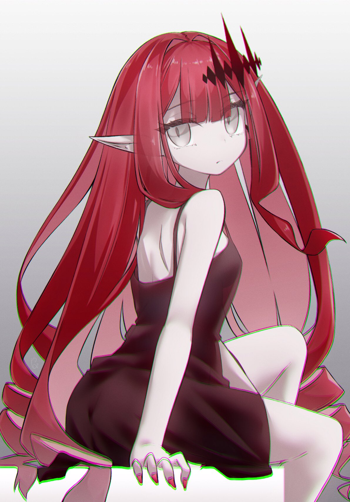 yubeshi (zecxl), baobhan sith (fate), fate/grand order, fate (series), highres, 1girl, ass, bare shoulders, black dress, breasts, dress, grey eyes, long hair, looking at viewer, looking back, medium breasts, pink hair, pointy ears, short dress, sidelocks, sitting, thighs, tiara