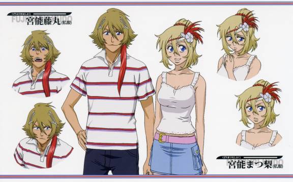 takano kei, kudo fujimaru, kudo matsuri, kudou fujimaru, kudou matsuri, bleach, bleach: the 3rd phantom, translation request, 00s, 1boy, bare arms, belt, belt buckle, blonde hair, blue eyes, breasts, brother and sister, buckle, character name, cleavage, closed mouth, collarbone, determined, facing viewer, flower, hair between eyes, hair flower, hair ornament, hair tie, hand on own hip, hand up, happy, high ponytail, japanese text, long hair, looking at viewer, medium breasts, open mouth, parted lips, ponytail, reference sheet, serious, shirt, short hair, short sleeves, siblings, skirt, smile, standing, striped clothes, striped shirt, t-shirt, tank top, teeth, tongue, twins, upper body, white background, worried