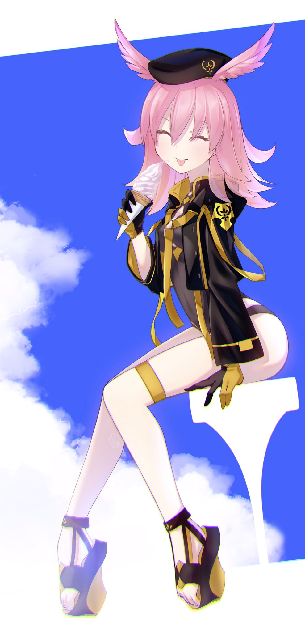 yubeshi (zecxl), hildr (fate), hildr (swimsuit assassin) (fate), valkyrie (fate), fate/grand order, fate (series), highres, 1girl, alternate breast size (smaller), beret, black gloves, black hat, black jacket, black one-piece swimsuit, blue sky, breasts, choker, cleavage cutout, closed eyes, clothing cutout, food, full body, gloves, hat, head wings, highleg, highleg one-piece swimsuit, hood, hooded jacket, ice cream, ice cream cone, jacket, long hair, long sleeves, one-piece swimsuit, open clothes, open jacket, pink hair, sitting, sky, small breasts, swimsuit, thigh strap, tongue, tongue out, wings