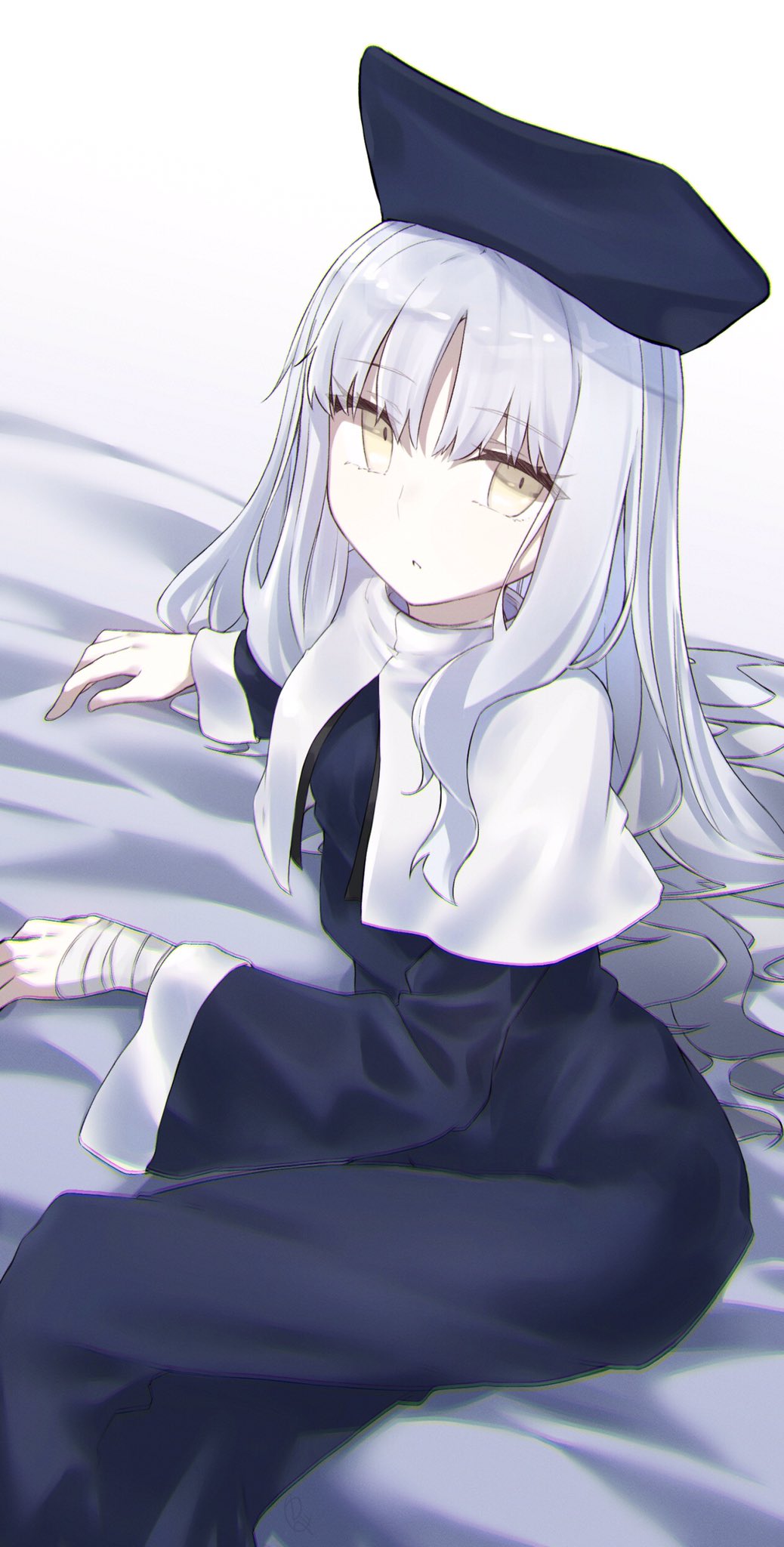 yubeshi (zecxl), caren hortensia, fate/hollow ataraxia, fate (series), highres, 1girl, bandages, beret, black dress, black hat, breasts, capelet, dress, hat, long hair, long sleeves, looking at viewer, sitting, small breasts, white capelet, white hair, yellow eyes