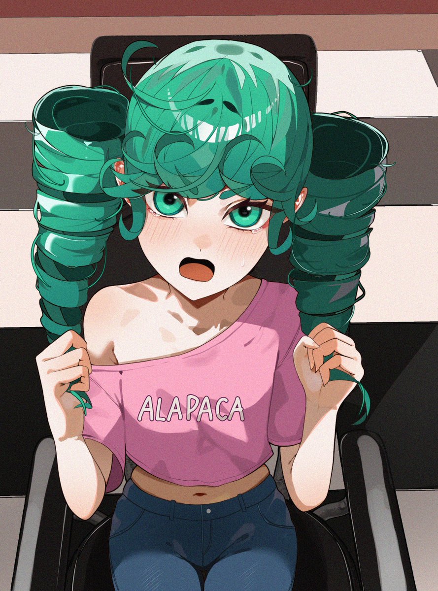 solitary.apple, tatsumaki, one-punch man, highres, 1girl, :o, blush, breasts, drill hair, green eyes, green hair, hands up, long hair, looking at viewer, navel, pink shirt, shirt, short sleeves, single bare shoulder, smile, solo, stomach, twin drills, twintails