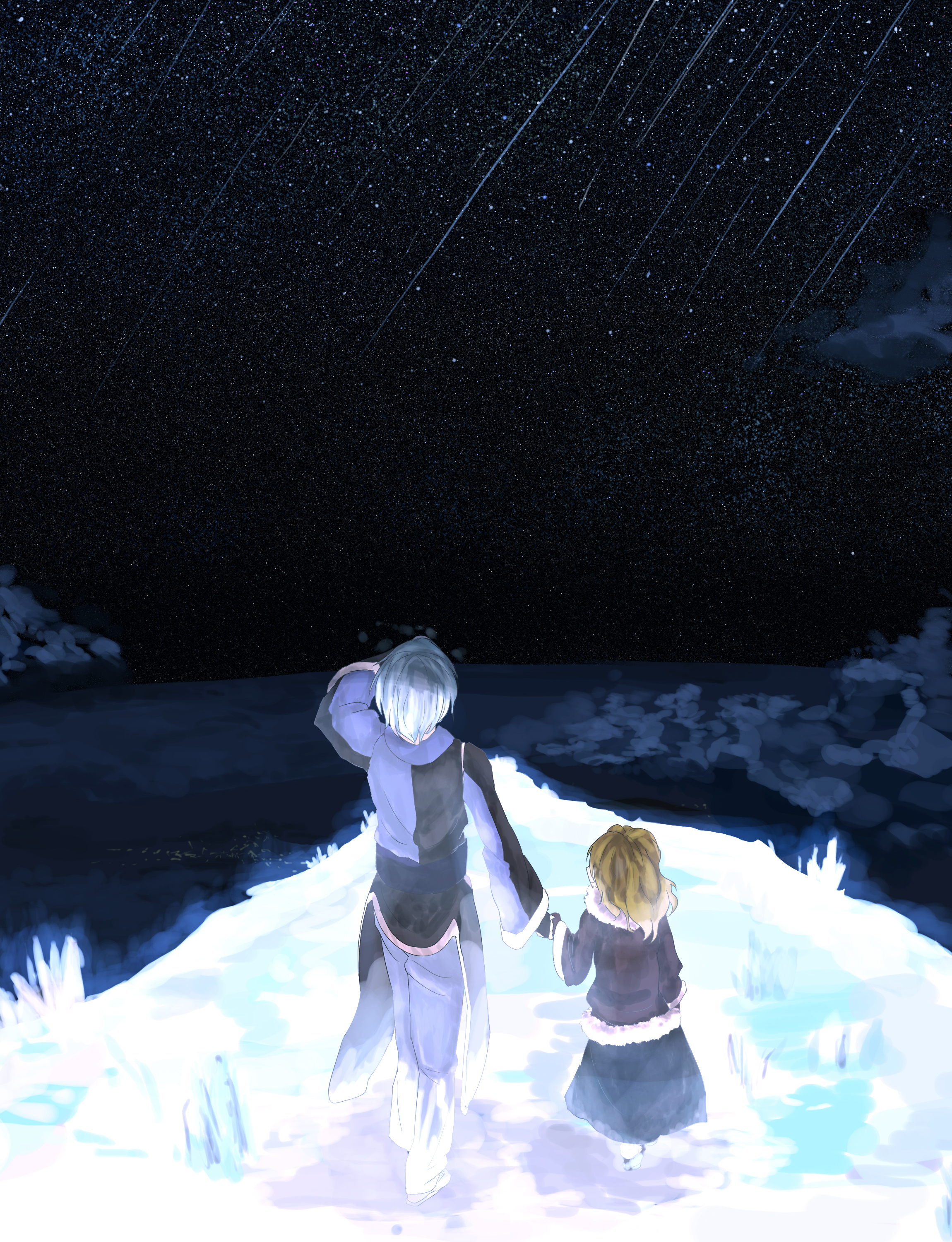 you (pixiv249955), you (shimizu), kirisame marisa, morichika rinnosuke, curiosities of lotus asia, touhou, silver hair, absurdres, bad id, bad pixiv id, highres, 1boy, 1girl, blonde hair, japanese clothes, nature, night, scenery, shooting star, short hair, sky, star (sky), star (symbol), starry sky