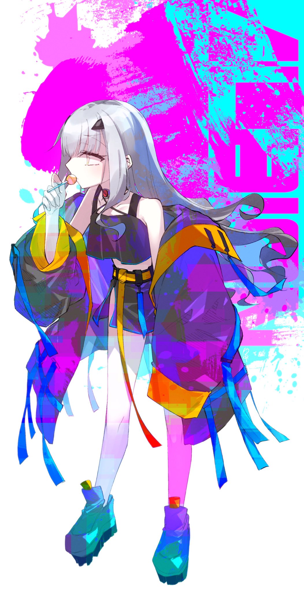 yubeshi (zecxl), melusine (fate), fate/grand order, fate (series), highres, 1girl, bare shoulders, belt, black jacket, black skirt, black tank top, breasts, candy, choker, crop top, cropped shirt, food, forked eyebrows, full body, jacket, lollipop, long hair, long sleeves, looking to the side, miniskirt, off shoulder, shoes, sidelocks, skirt, small breasts, sneakers, solo, tank top, white hair, yellow eyes