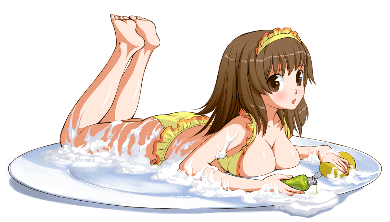 poripori (pixiv), original, 1girl, barefoot, bikini, bottle, breasts, brown eyes, brown hair, cleavage, feet, female focus, frills, large breasts, lying, maid headdress, mini person, minigirl, on stomach, saucer, short hair, soap bubbles, solo, sponge, swimsuit