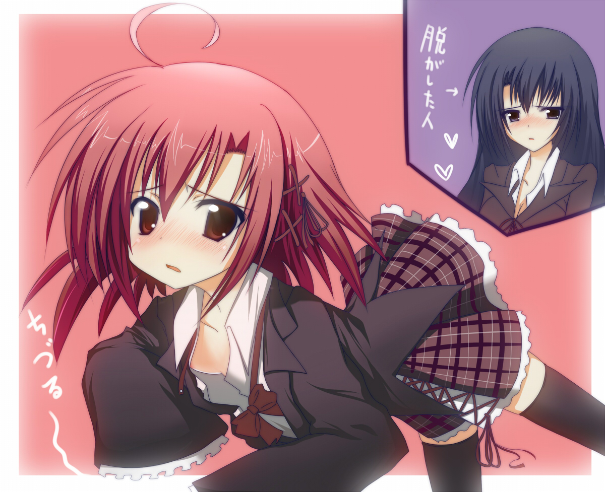 suimii, akaba chizuru, sakurano kurimu, seitokai no ichizon, 00s, 2girls, ahoge, artistic error, black hair, blush, bow, downblouse, flat chest, multiple girls, nipple slip, nipples, pink hair, purple eyes, red eyes, ribbon, school uniform, skirt, thighhighs