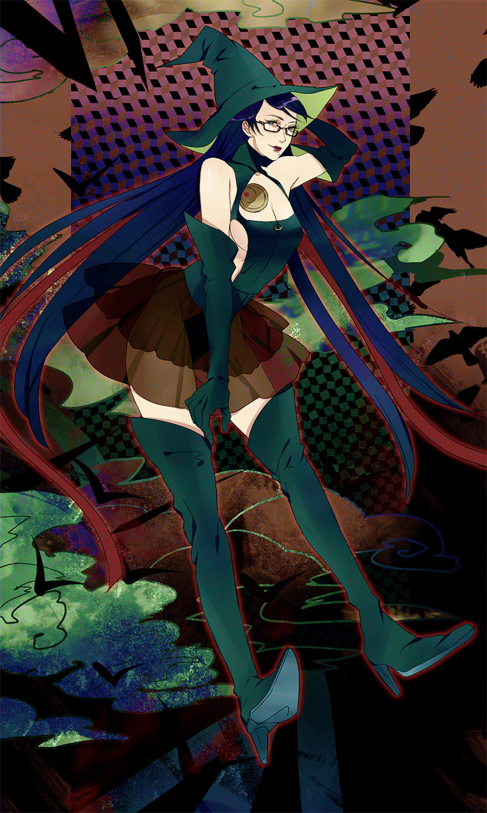 dasan, bayonetta, bayonetta (series), black hair, boots, elbow gloves, glasses, gloves, green eyes, hat, high heels, long hair, miniskirt, mole, shoes, skirt, thighhighs, very long hair, witch, witch hat