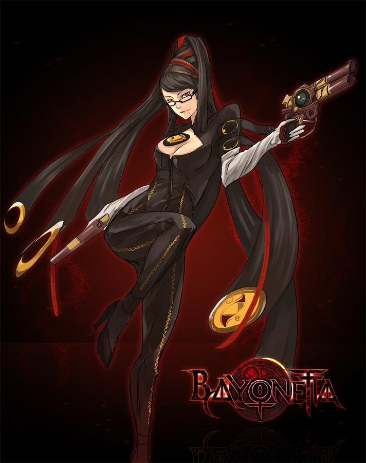 laio, bayonetta, bayonetta (series), bayonetta 1, 1girl, amulet, black eyes, black hair, bodysuit, breasts, chain, cleavage, cleavage cutout, clothing cutout, dual wielding, elbow gloves, female focus, glasses, gloves, gradient background, grey eyes, gun, hair bun, hair ribbon, high heels, holding, leg up, long hair, medium breasts, mole, mole under mouth, red ribbon, ribbon, shoes, single hair bun, solo, standing, standing on one leg, very long hair, weapon
