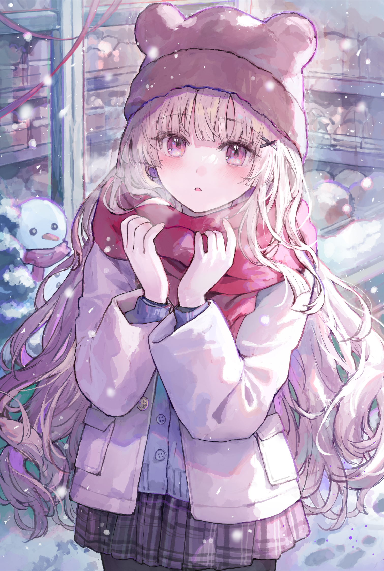 arl, original, commentary request, highres, 1girl, animal ear headwear, beanie, black pantyhose, blonde hair, blush, breath, brown hat, brown skirt, cowboy shot, day, fake animal ears, hair ornament, hairclip, hat, jacket, long hair, long sleeves, looking at viewer, miniskirt, open clothes, open jacket, outdoors, pantyhose, parted lips, plaid clothes, plaid skirt, pleated skirt, purple eyes, purple skirt, red scarf, scarf, skirt, snow, snowing, snowman, solo, storefront, very long hair, winter, x hair ornament