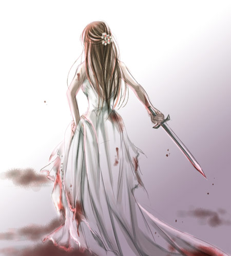 sagano (saga no), odessa silverberg, gensou suikoden, gensou suikoden i, lowres, 1girl, blood, blood on clothes, dress, female focus, flower, gradient background, long hair, red hair, solo, sword, weapon, wedding dress
