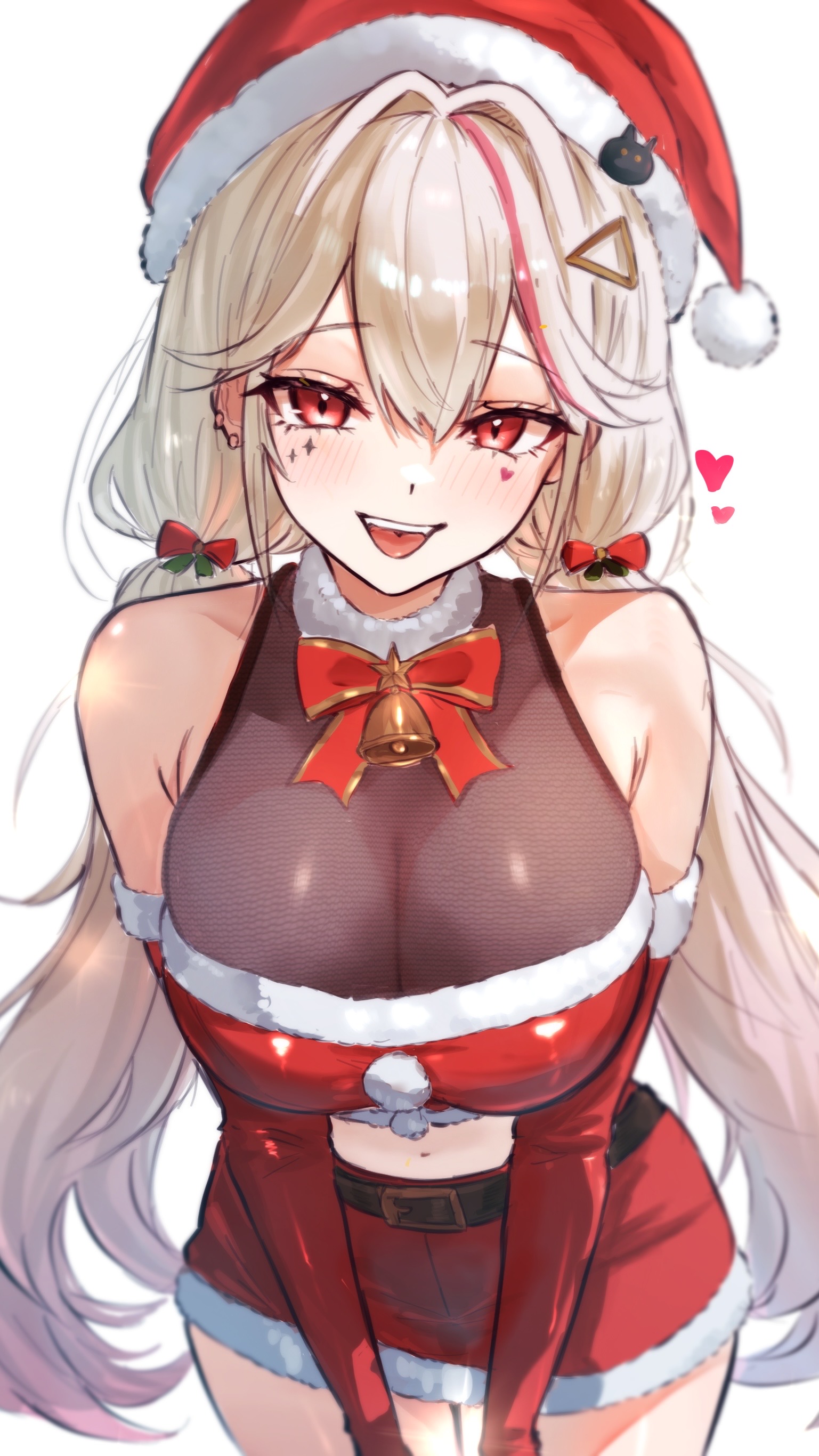 kunimoto rikuya, jackal (nikke), goddess of victory: nikke, absurdres, commentary, commentary request, highres, 1girl, :p, bare shoulders, bell, belt, belt buckle, blonde hair, blush, bow, bowtie, breasts, buckle, cleavage, collarbone, cowboy shot, ear piercing, elbow gloves, facial mark, fur-trimmed gloves, fur-trimmed headwear, fur-trimmed skirt, fur collar, fur trim, gloves, hair ornament, hair ribbon, hat, heart, large breasts, long hair, looking at viewer, low twintails, miniskirt, multicolored hair, navel, neck bell, open mouth, piercing, pink hair, red bow, red bowtie, red eyes, red gloves, red hat, red ribbon, red skirt, ribbon, santa costume, santa hat, shirt, simple background, skirt, solo, star (symbol), streaked hair, tongue, tongue out, triangle hair ornament, twintails, two-tone hair, very long hair, yellow shirt