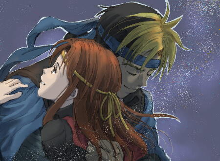 flik (suikoden), odessa silverberg, gensou suikoden, gensou suikoden i, konami, lowres, 1boy, 1girl, black hair, blonde hair, closed eyes, headband, hetero, hug, long hair, red hair, short hair, smile, tiara