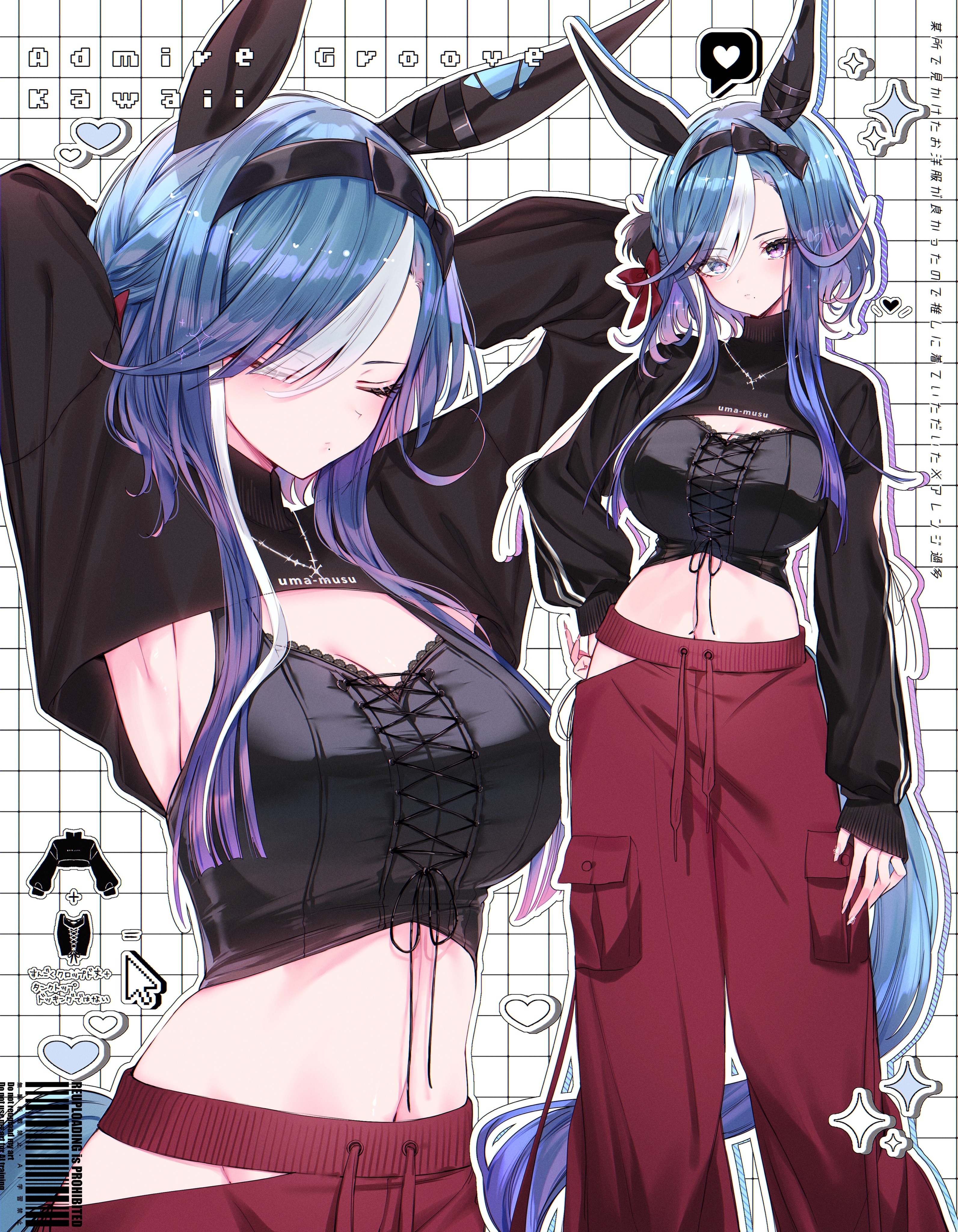 tetora (oudonoishiize), admire groove (umamusume), umamusume, absurdres, highres, translation request, 1girl, animal ears, armpits, arms behind head, arms up, barcode, black bow, black hairband, black shrug, blue eyes, bow, breasts, character name, cleavage, closed eyes, closed mouth, cowboy shot, cross, cross-laced clothes, cross-laced top, cross necklace, drawstring, ear covers, fingernails, grid, hair bow, hairband, heart, horse ears, horse girl, horse tail, jewelry, large breasts, long sleeves, looking at viewer, midriff, multicolored hair, multiple views, navel, necklace, outline, pants, pocket, purple eyes, red bow, red pants, short hair with long locks, shrug (clothing), streaked hair, tail, upper body, watermark, white hair, white outline