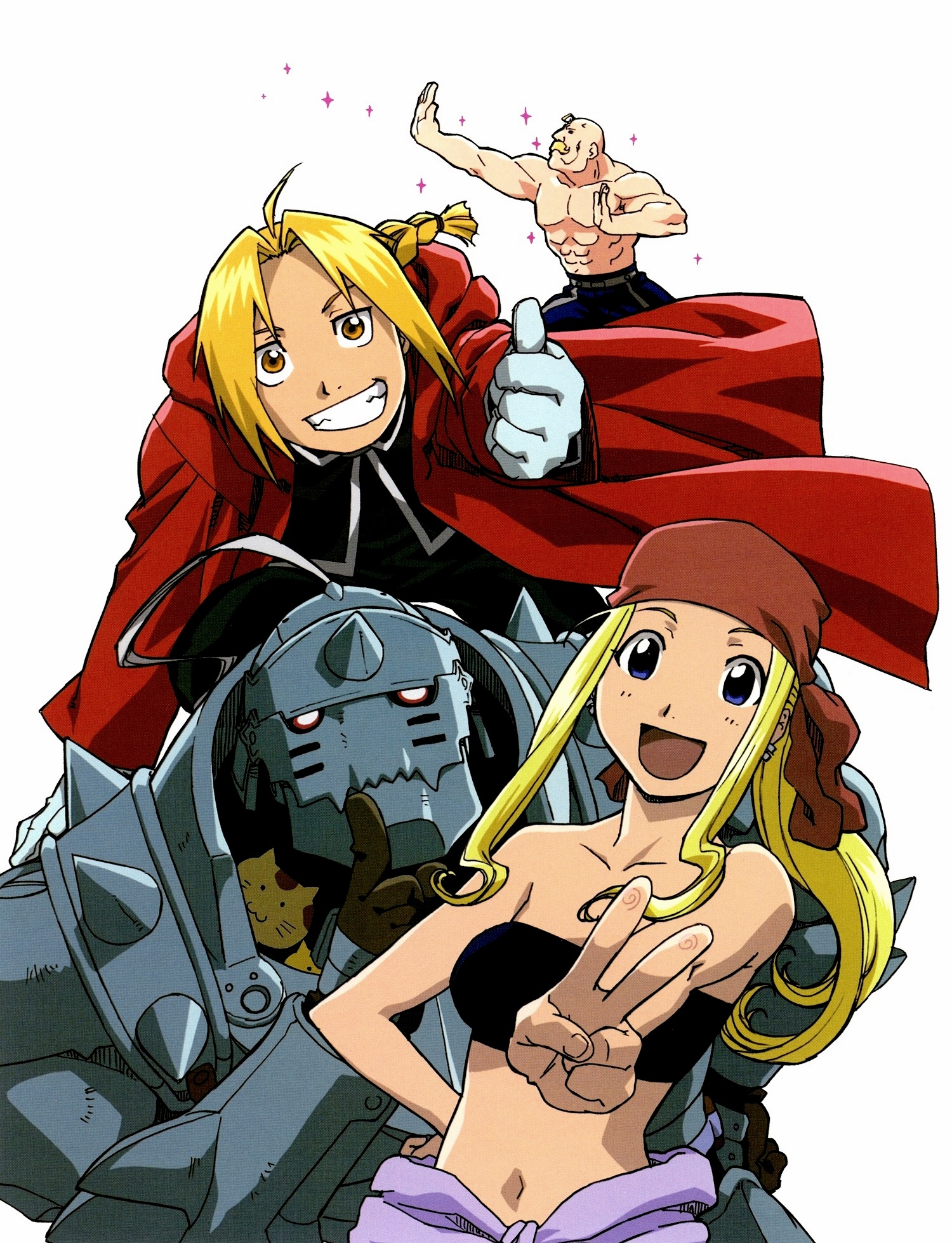 alex louis armstrong, alphonse elric, edward elric, winry rockbell, fullmetal alchemist, highres, official art, 00s, 1boy, 2girls, armor, bandeau, blonde hair, blue eyes, cat, gloves, long hair, multiple girls, navel, smile, strapless, tube top, yellow eyes