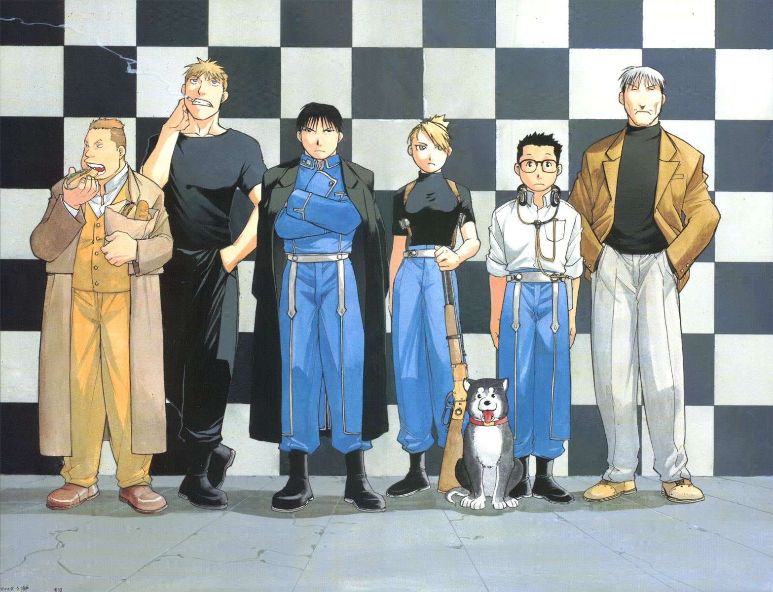 arakawa hiromu, black hayate, heymans breda, jean havoc, kain fuery, riza hawkeye, roy mustang, vato falman, fullmetal alchemist, highres, official art, 00s, 1girl, 5boys, animal, belt, black hair, black pants, black shirt, blonde hair, boots, bread, brown eyes, brown hair, casual, cigarette, collar, dog, eating, food, full body, glasses, gun, headphones, holster, hot dog, military, military uniform, multiple boys, pants, ponytail, rifle, shiba inu, shirt, smoking, standing, weapon, white hair, white pants, winchester model 1894