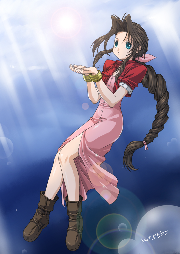 kedo mitsuharu, aerith gainsborough, final fantasy, final fantasy vii, 1990s (style), 1girl, blue eyes, boots, bow, bracelet, braid, brown hair, dress, drill hair, hair ribbon, heavy lens flare, jacket, jewelry, lens flare, long dress, long hair, pink bow, pink dress, pink ribbon, ponytail, ribbon, very long hair