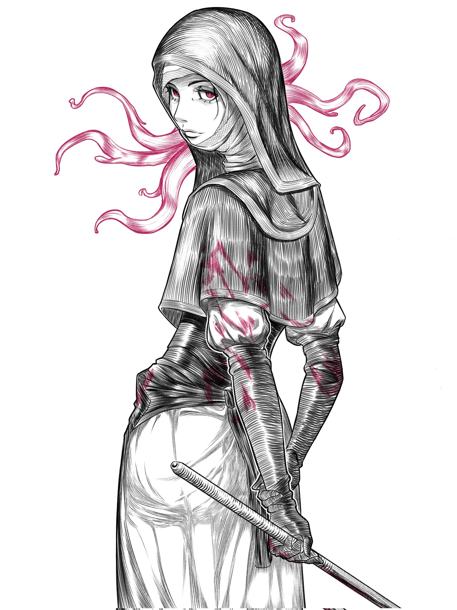 undertaker (elden ring), elden ring, elden ring nightreign, commentary, english commentary, highres, 1girl, arms behind back, black capelet, black hood, blood, blood on clothes, bloody weapon, capelet, coif, cowboy shot, elbow gloves, flanged mace, from behind, gloves, hand on own arm, hatching (texture), holding, holding mace, holding weapon, lineboiaaron, looking back, mace, nun, red eyes, solo, spot color, tentacles, weapon, white background, white coif