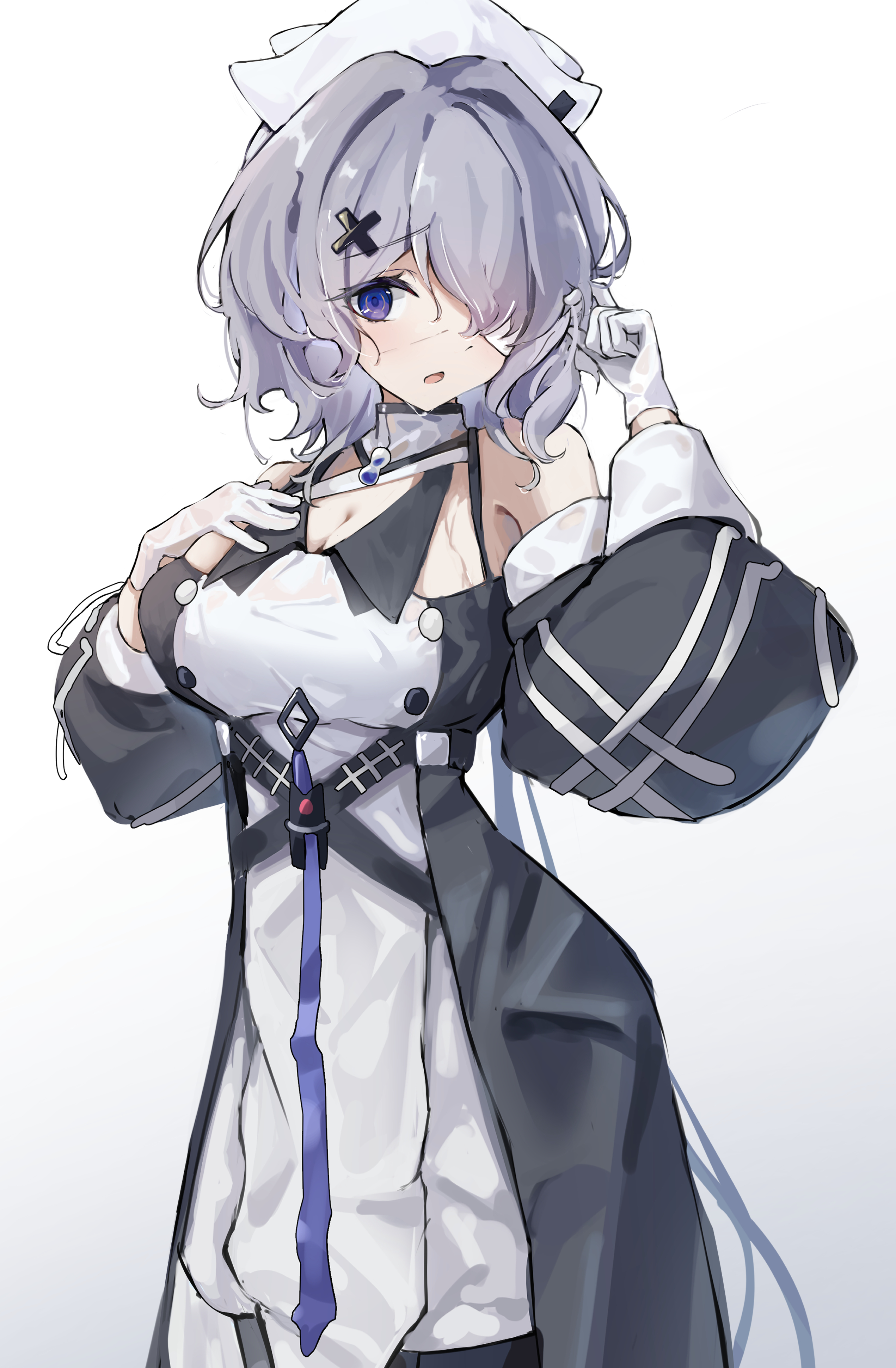 riu kawano, whisperain (arknights), arknights, absurdres, commentary, highres, 1girl, blush, breasts, cleavage, dress, eyepatch, hair ornament, hand up, hat, large breasts, long hair, looking at viewer, medical eyepatch, nurse cap, open mouth, purple eyes, purple hair, simple background, solo, very long hair, wet, wet clothes, wet gloves, white background, white dress, x hair ornament