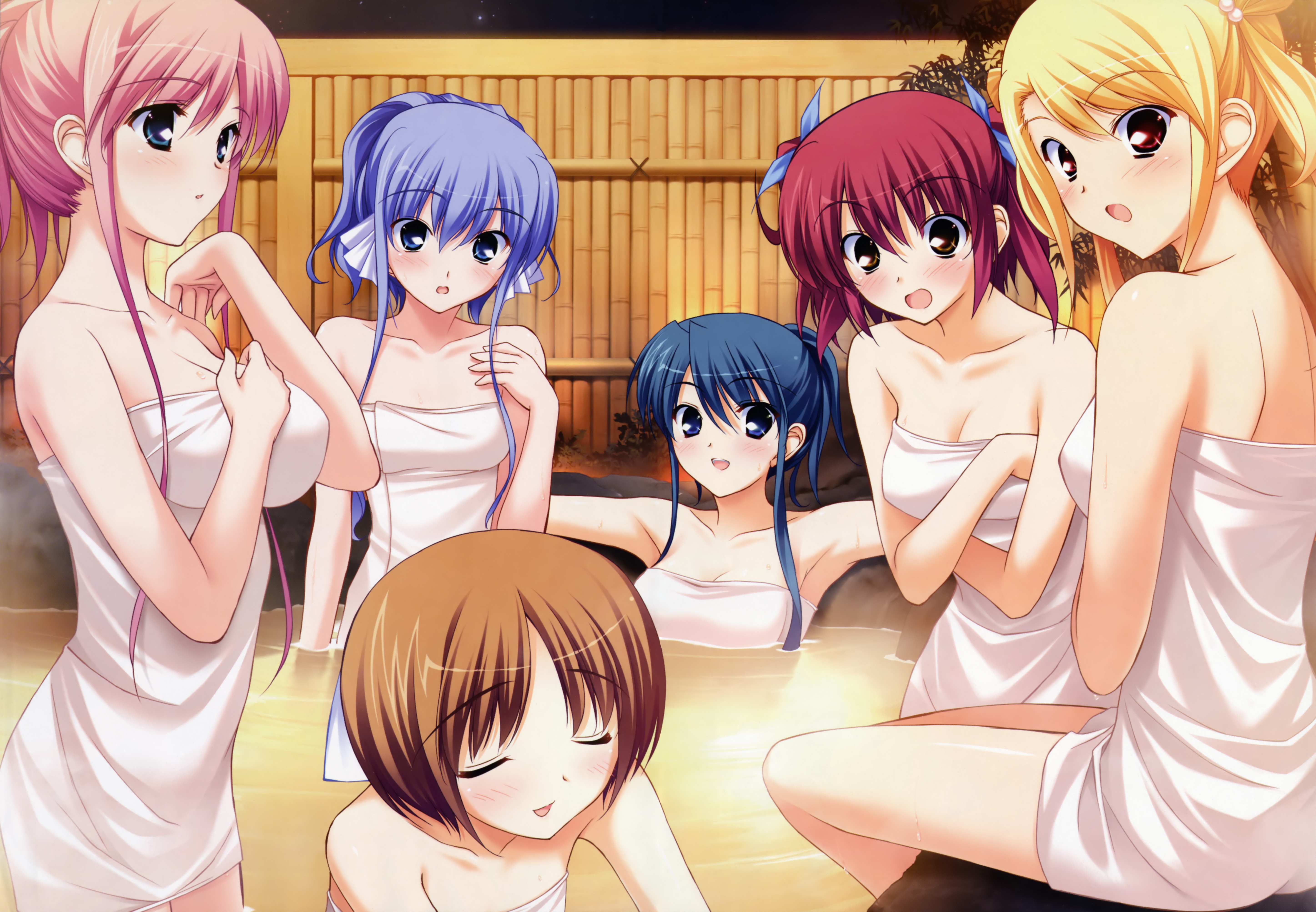 fumio (ura fmo), amamiya kurara, houjou arisa, kinoshita midori, kuroda yui, suou nanano, yamabuki renge, hoshiuta, hoshiuta ~starlight serenade~, absurdres, highres, 6+girls, blue eyes, blue hair, blush, brown eyes, brown hair, closed eyes, hair ribbon, long hair, multiple girls, naked towel, onsen, open mouth, ribbon, short hair, towel, twintails, water