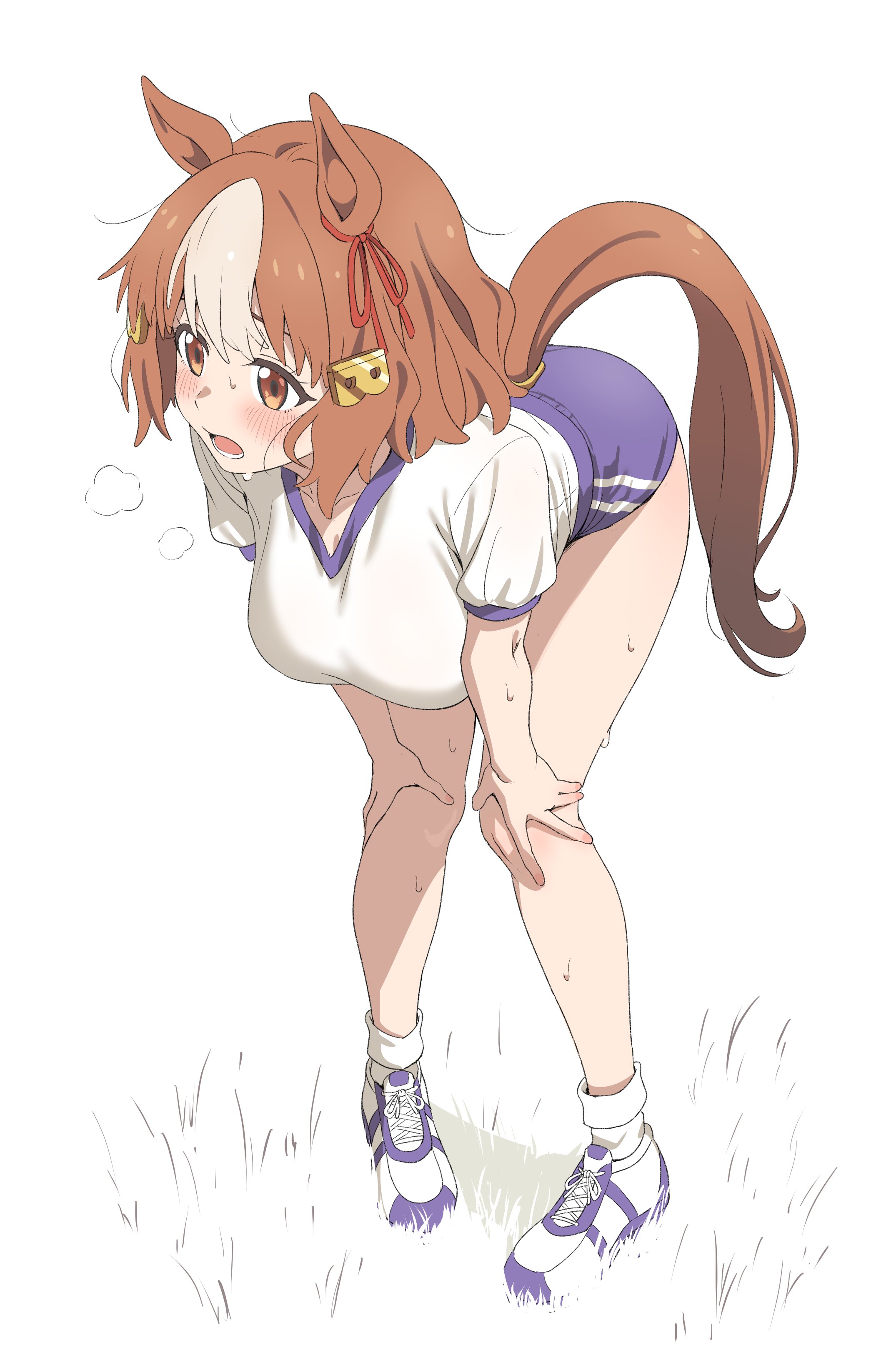 sincos, belno light (umamusume), umamusume, umamusume: cinderella gray, absurdres, highres, 1girl, animal ears, blue buruma, blush, bow, breasts, brown eyes, brown hair, buruma, ear ribbon, hair ornament, hands on own knees, horse ears, horse girl, horse tail, large breasts, looking to the side, open mouth, red ribbon, ribbon, shirt, short hair, solo, standing, sweat, tail, thighs, white hair, white shirt