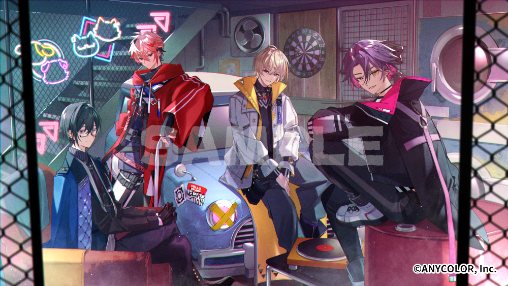 jisshu, fura kanato, fura kanato (1st costume), seraph dazzlegarden, seraph dazzlegarden (1st costume), shikinagi akira, shikinagi akira (1st costume), watarai hibari, watarai hibari (1st costume), nijisanji, voltaction, commentary request, official art, 4boys, black gloves, black hair, black pants, black shirt, blonde hair, blue jacket, blue pants, car, chain-link fence, chair, coat, copyright notice, couch, crossed legs, dartboard, electric fan, feet out of frame, fence, flipped hair, frown, glasses, gloves, indoors, jacket, jacket on shoulders, long sleeves, looking at viewer, male focus, motor vehicle, multiple boys, nail polish, neon lights, pants, phonograph, pink hair, pink jacket, purple hair, red coat, red hair, sample watermark, shirt, shoes, short hair, sitting, smile, sneakers, stairs, two-sided fabric, two-sided jacket, virtual youtuber, watermark, white jacket, white shirt, yellow eyes