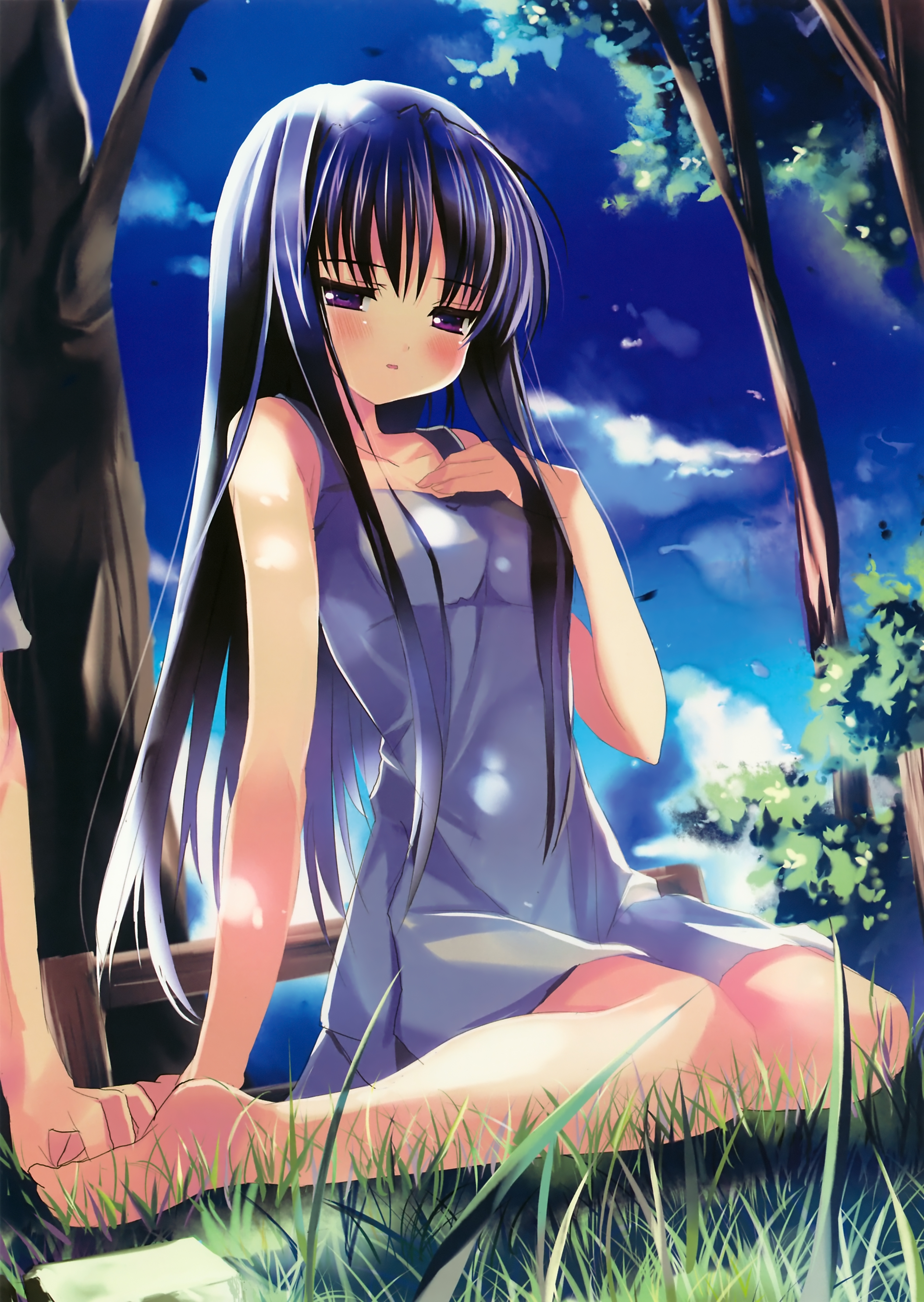 gayarou, shino (eefy), absurdres, highres, 1girl, barefoot, black hair, blush, cloud, day, dress, feet, female focus, hand on another's chest, hand on own chest, holding hands, sitting, solo, solo focus, sundress, wariza