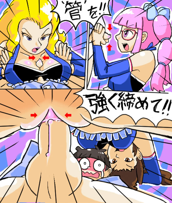 aoi, minuspal, sayaka, anna, nintendo, osu! tatakae! ouendan, blonde hair, breasts, brown eyes, brown hair, girl on top, handjob, long hair, paizuri, parody, penis, pink eyes, pink hair, pussy, sex, twintails, uncensored, vaginal