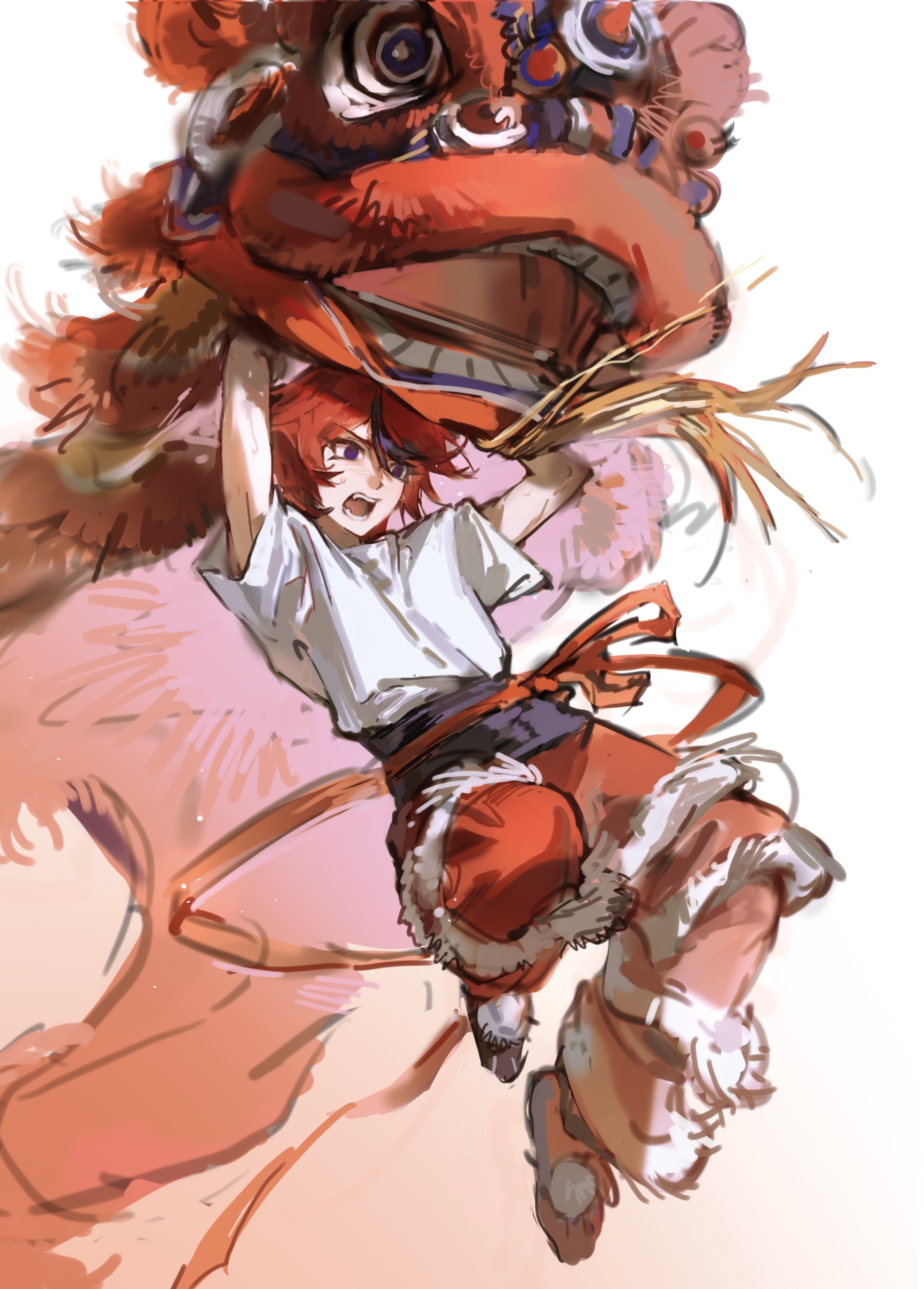 lineko, sumino takumi, the hundred line -last defense academy-, absurdres, highres, 1boy, alternate costume, black hair, blue eyes, chinese new year, full body, lion dance, male focus, multicolored hair, open mouth, pants, puppet, red hair, red pants, red ribbon, red shoes, ribbon, shirt, shoes, short sleeves, solo, streaked hair, sweat, two-tone hair, white background, white shirt