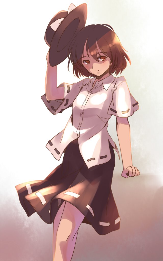 rangycrow, usami renko, touhou, commentary request, 1girl, black hat, black skirt, bow, brown background, brown eyes, brown hair, buttons, collared shirt, feet out of frame, hat, hat bow, holding, holding unworn clothes, holding unworn hat, knees, light blush, light smile, one-hour drawing challenge, shirt, short sleeves, sideways glance, skirt, solo, split mouth, unworn hat, unworn headwear, white bow, white shirt