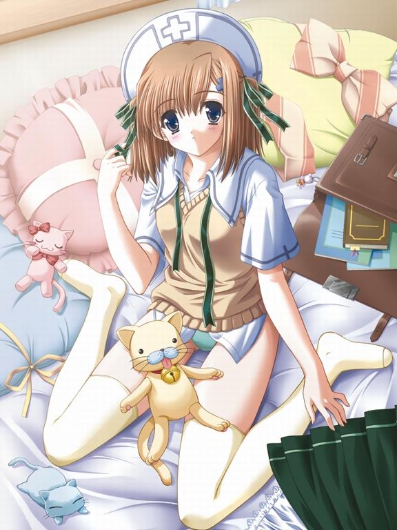 nekonyan, 1girl, bag, bed, book, brown hair, female focus, frilled pillow, frills, from above, hair ornament, hairclip, hat, indoors, no pants, pillow, school bag, sitting, skirt, solo, stuffed animal, stuffed cat, stuffed toy, sweater vest, unworn skirt, wariza