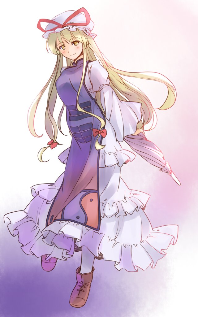 rangycrow, yakumo yukari, touhou, commentary request, 1girl, blonde hair, blush, bow, breasts, brown shoes, dress, frilled dress, frills, full body, hair bow, hat, hat ribbon, holding, holding umbrella, juliet sleeves, large breasts, long dress, long hair, long sleeves, mob cap, one-hour drawing challenge, pantyhose, parasol, pink background, puffy sleeves, purple tabard, red bow, red ribbon, ribbon, shoes, smile, solo, split mouth, tabard, trigram, umbrella, white hat, white pantyhose, yellow eyes, yin yang, yin yang print
