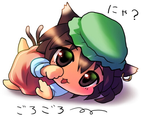 hinata yuyuki, chen, touhou, lowres, 1girl, :3, animal ears, brown eyes, brown hair, cat ears, cat girl, cat tail, chibi, earrings, female focus, hat, jewelry, nyan, short hair, solo, tail