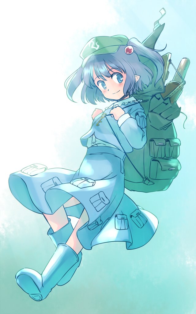 rangycrow, kawashiro nitori, touhou, commentary request, 1girl, aqua background, backpack, bag, beads, blue boots, blue eyes, blue hair, blue jacket, blue skirt, blush, boots, collared shirt, frilled shirt collar, frills, full body, green bag, green hat, hair beads, hair ornament, hands up, hat, jacket, key, long sleeves, looking to the side, medium hair, one-hour drawing challenge, open bag, pointy ears, rubber boots, shirt, sideways glance, skirt, skirt pocket, smile, solo, split mouth, twintails, white shirt